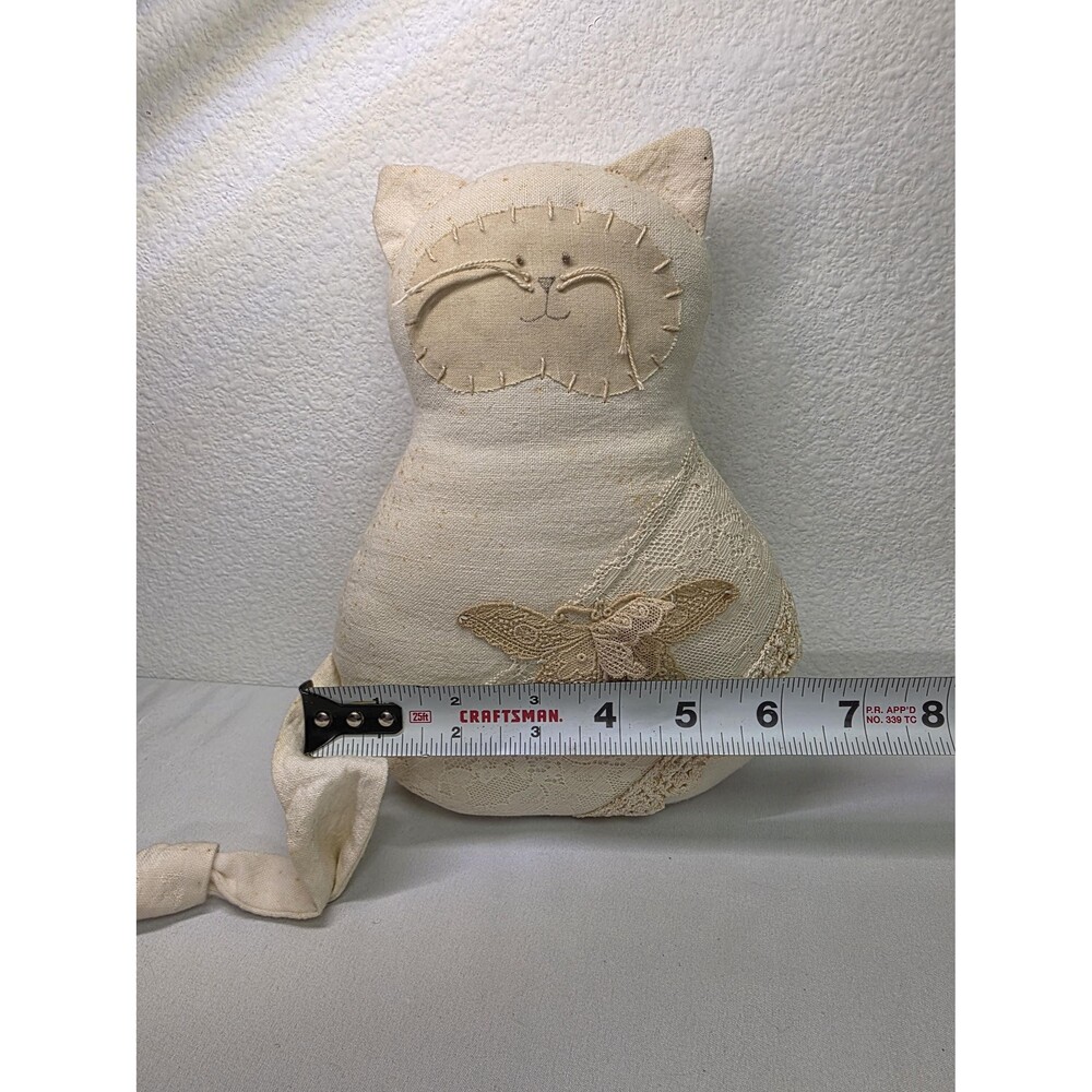 Vintage Handmade Fabric Cat Plush, Shabby Chic Lace Kitty Doll Cottagecore Decor - Picture 4 of 6